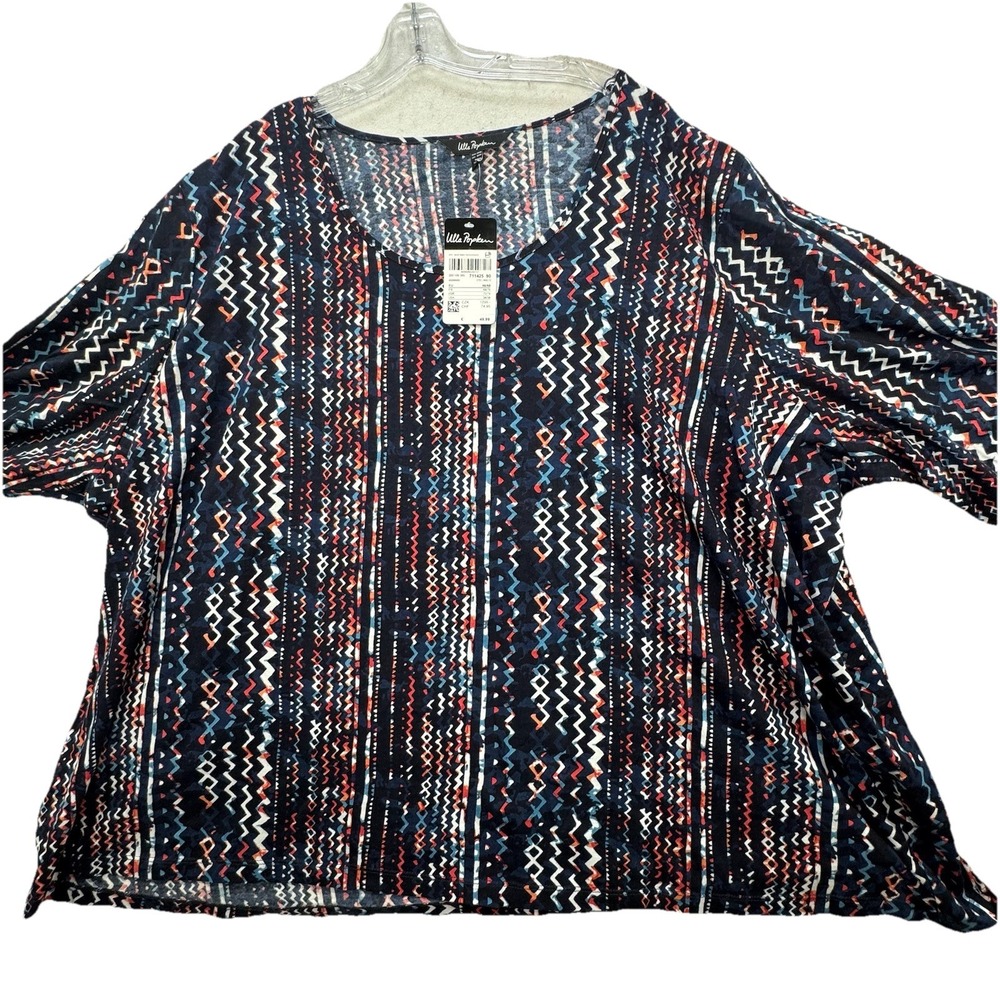 NEW Ulla Popken Plus Size‎ 5X Cotton Top Blue Red Geometric Print 36/38